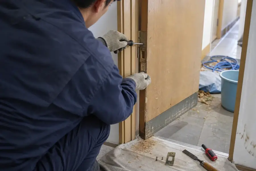 扉の建具を修理している様子