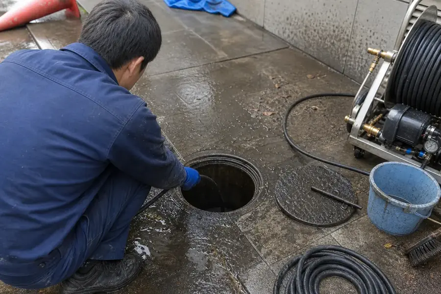 排水管を高圧洗浄している様子